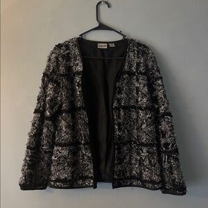 Chico’s Silk Blend Textured Open Front Jacket Blazer Women’s Size 8 Black Gray
